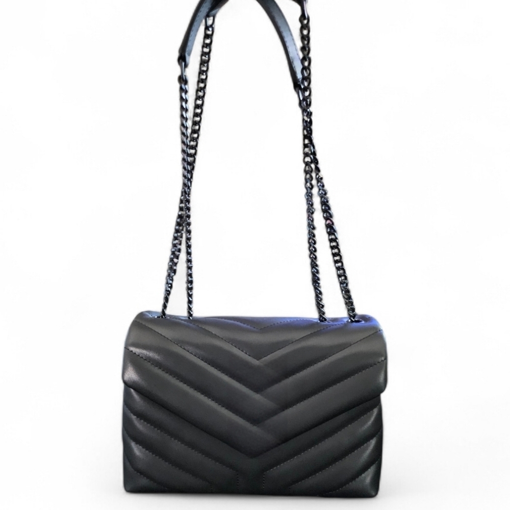 Black Leather Chevron Gun Metal Shoulder Bag